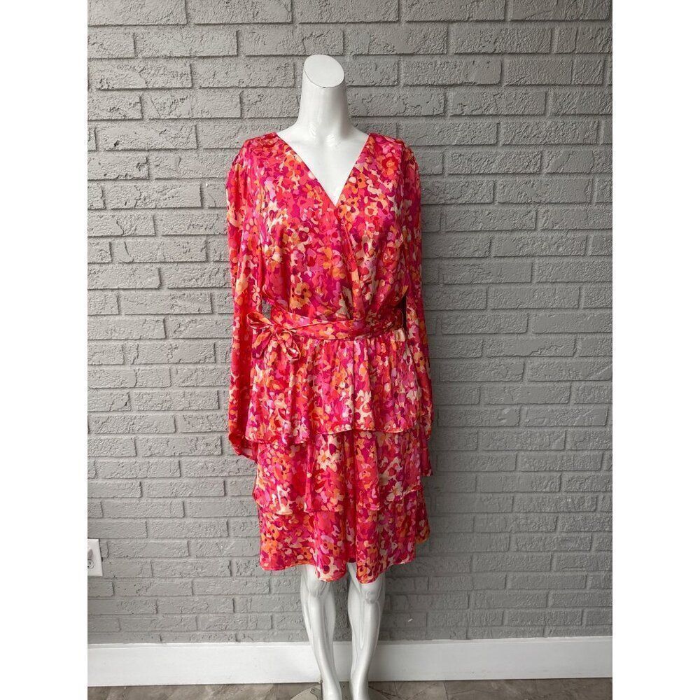 Nicole Miller Women Pink Floral Satin Tiered Dress Size XL